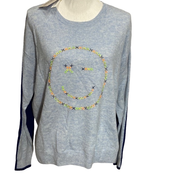 Brodie Cashmere Embroidered Wink Face Sweater Blue Color Block 100% Cashmere